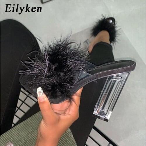Eilyken Fashion Design Furry Open Toe Slippers Clear Crystal High Heels Women Shoes Square Heel Transparent Female Sandals