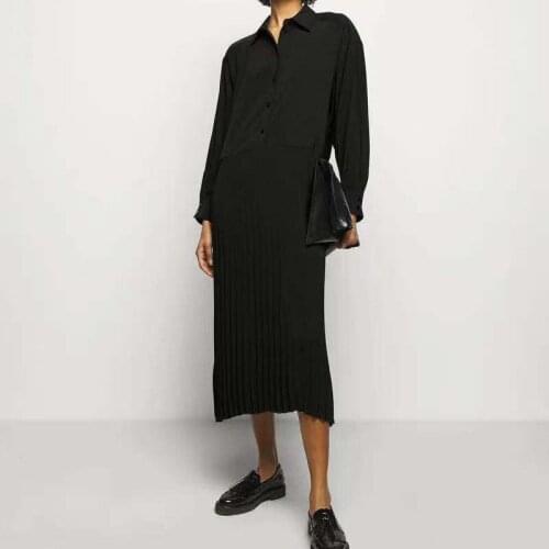 Elegant Lady Simple High Cold Lapel Button Pleated Long-sleeved Shirt Dress