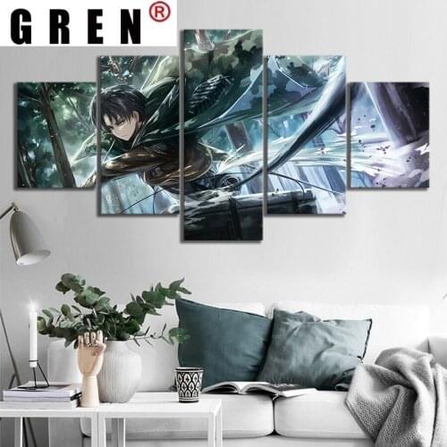 GREN Canvas Paintings 5 Panels Anime Attack on Titan Levi Ackerman Posters Wall Art HD Print Pictures Living Room Home Decor