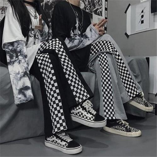 Korean Women Straight Pants Drawstring Trousers Female Fashion Summer Office Funny Casual Japan High Street Plaid Pants Girl