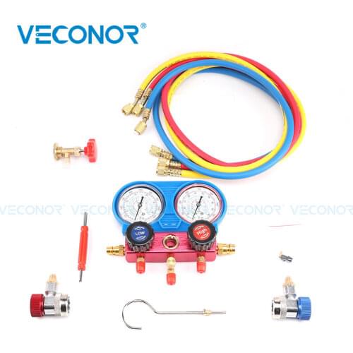 A/C Air Conditioning Refrigerant Manifold Pressure Gauge Hose Manifold Gauge Set with Hose Kit Adaptors