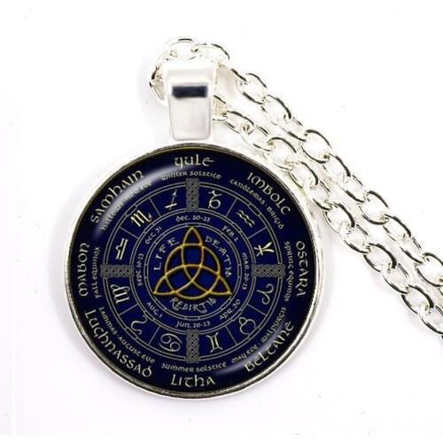 New Pagan Wheel Of The Year Necklaces Pentagram Pendant Round Photo Wiccan Jewelry 25mm Glass Cabochon Sweater Chain Gift
