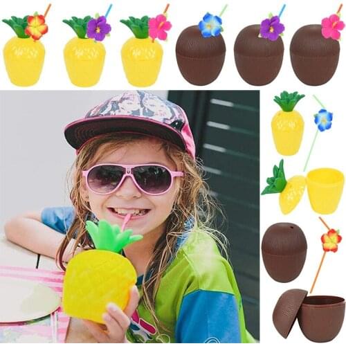 1P Hawaii Plastic Tropical Pineapple Coconut Fruit Shape Drinking Cup With Straw Birthday Supplies Summer Beach Pool Party Decor