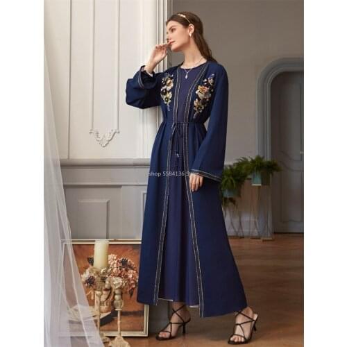 Flower Embroidered Kimono Abaya Dubai Turkey Arabic Diamond Robe Islamic Muslim Women Outwear Navy Blue 2021