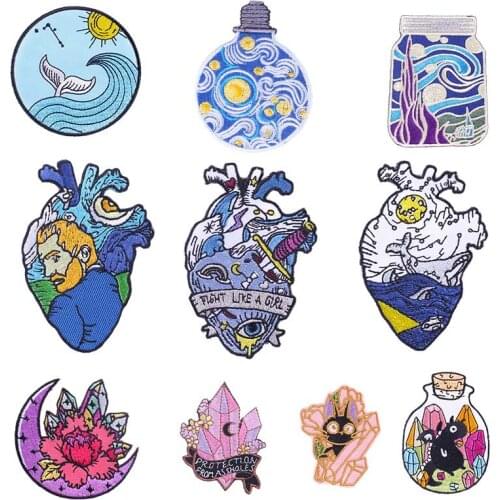 DIY Van Gogh Heart Patch Iron on Embroidered Patches For Clothing Fashion Gem Style Embroidery Patch Sewing Patches For Clothes