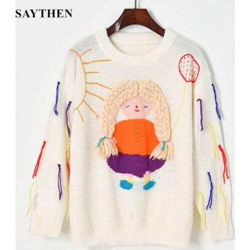 SAYTHEN 2021 autumn and winter womens hit color tassel sleeve cartoon twist braid knit pullover
