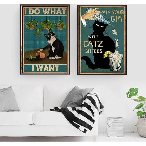 Mental Black Cat Poster I Do What I Want Quote Art Print Vintage Mix Your Gin Funny Bathroom Garden Canvas Painting Home Decor