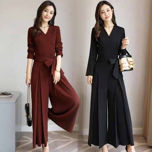 Spring and Autumn Womens Fashion Fake two 2018 new stylish temperament ladies wide-legged solid color piece pants