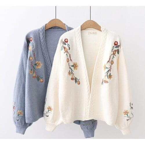 Cardigan Women Embroidery Floral Open Stitch Loose Ladies Long Sleeve Solid Sweater Cardigan Autumn Korean V neck Female Outwear