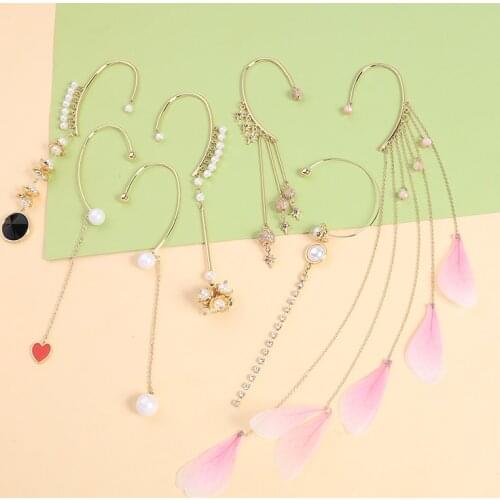 Kissme Acrylic Pearl Long Chains Tassel Earrings For Women Heart Feather Hanging Earrings Ear Cuff New Fashion Jewelry Wholesale