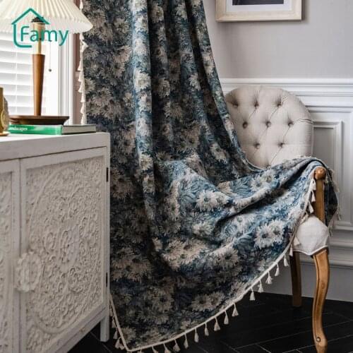 Modern Finished Window Curtain Christmas Living Room Curtains Kitchen Half Blackout Blue Floral American Country Tassel Drapes