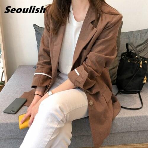 Seoulish New 2021 Spring Summer Cotton Linen Single Breasted Women Blazers Pockets Female Formal Jackets Elegant Loose Outerwear