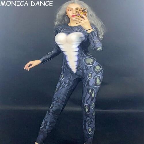 Women Sexy Stage Women Long Sleeve Turtleneck Bodysuit Slim Romper Tops Snake Skin Print Clubwear Party Jumpsuit Leotard