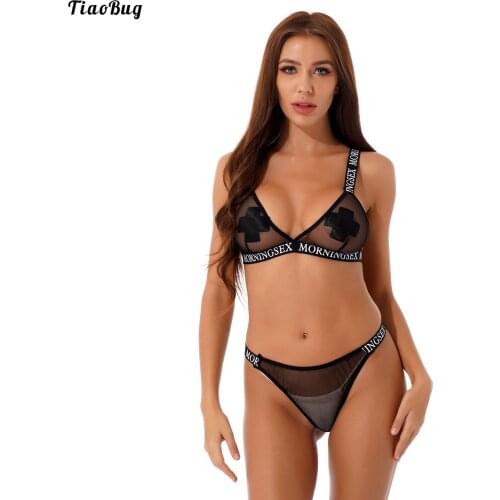 TiaoBug Women Hollow Out See-Through Mesh Lingerie Set Letter Print 2Pcs Underwear Wide Shoulder Straps Unlined Bra With Briefs