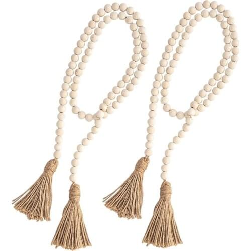 Promotion! 2 Sets Big Wood Bead Garland,54 Inch Farmhouse Rustic Country Beads with Tassels Prayer Beads Wall Hanging Décor
