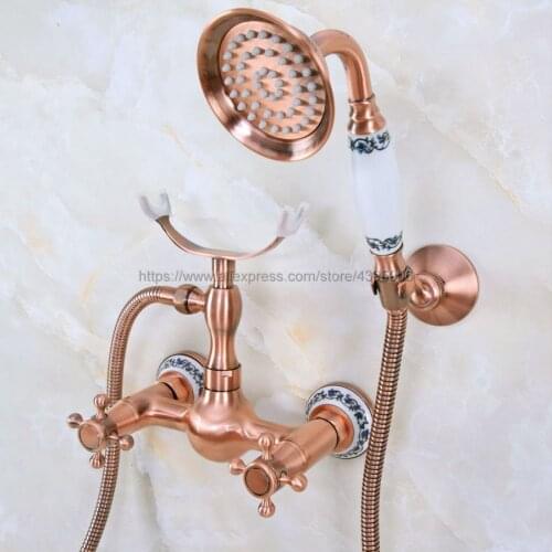 Antique Red Copper Wall Mounted Bathroom Faucet Bath Tub Mixer Tap With Hand Shower Head Shower Faucet Sets Bna342