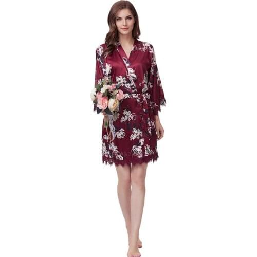 Satin Silk Floral Robe Dressing Gown Lace Wedding Kimono Robe Sexy Robe Bathrobe Women Bathrobe Bridesmaids Bride Wine red