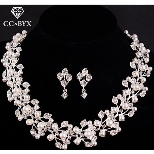 CC wedding jewelry For Women Bridal Pearl & Crystal Necklace Earring Sets Beautiful Flower Shape Design Luxurious Fashion D004