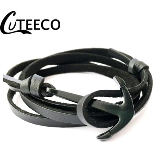 CUTEECO Dropshipping Fashion Black Color Navy Anchor Bracelets Men Charm Pirate PU Leather Bracelet Male Jewelry