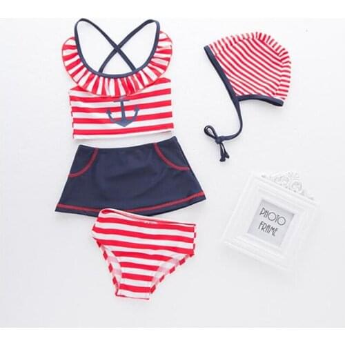 Sailor Childrens strip sling Swimsuit Girls Four-piece Skirt Beach Spa Swimwear Bathing Suit Toddler swimming clothing 2-6yrs