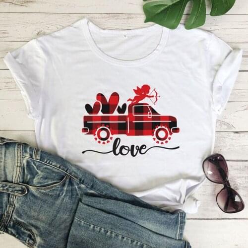 Plaid Love Truck Colored Print T-shirt Funny Women Cupid Valentines Tee Shirt Top Cute 90s Valentines Day Gift Tshirt Femme