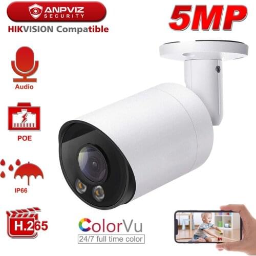 Hikvision Compatible Anpviz 5MP Starlight Colorful IP Camera POE Bullet Super Security Camera 30m Built-in Mic Audio IP66 Onvif