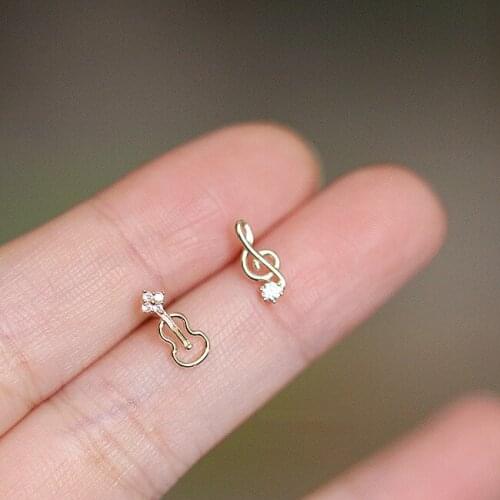Dainty Female White Crystal Music Earrings Real 925 Sterling Silver Wedding Earrings For Women Cute Small Guitar Stud Earrings