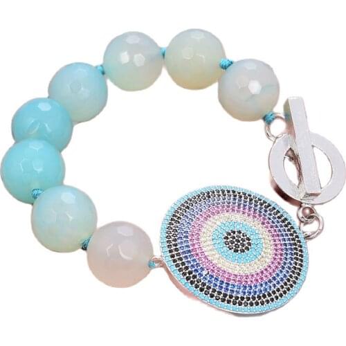 JK 14mm Blue Faceted Agate CZ Connector Bracelet For Women