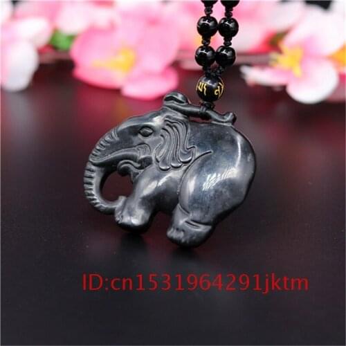 For Carved Charm Elephant Chinese Gifts Green Jade Obsidian Jewelry Necklace Men Pendant Black Double sided Natural Amulet