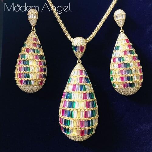 ModemAngel Luxury Water Cubic Zirconia Women Engagement Wedding Bridal Dubai High End Jewelry Set Necklace Earring Jewelry Set