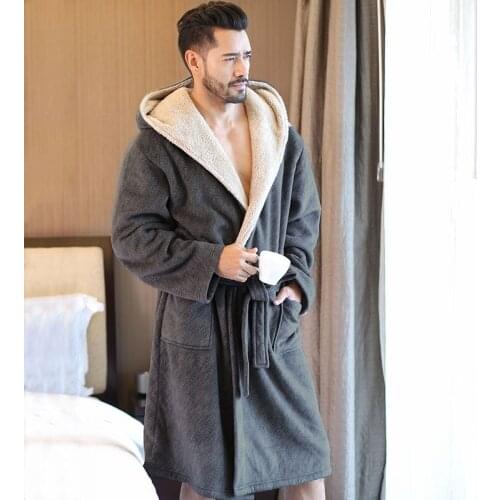 2021 New Mens Winter Coral Velvet Hooded Robe Male Warm Long Bathrobes Comfort Gray Bath Robe Male