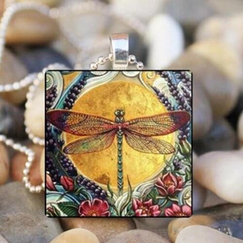New Fashion Colored Drawing Dragonfly Square Pendant Neaklace for Women Insect Pattern Glass Pendant Necklace Owl Jewelry