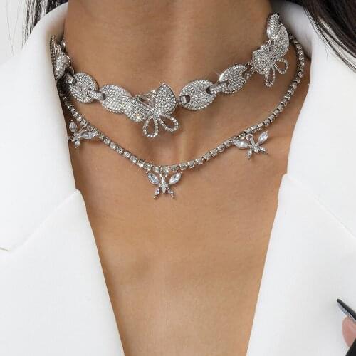 New Temperament Retro Micro Inlaid Rhinestone Butterfly Lock Double Layer Cuban Necklace for Female Party Gifts Wholesale 2021