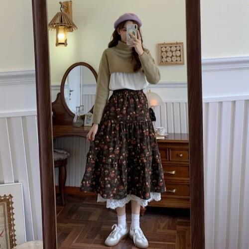 New floral skirts autumn and winter mid-length high waist A-line skirt all-match slim long skirt women chiffon floral cover ups