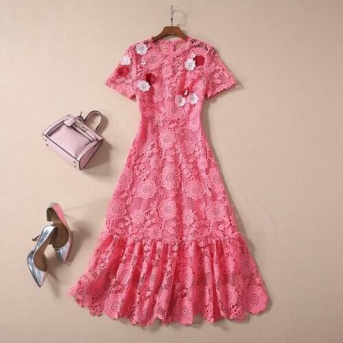 European and American New womens dresses for spring 2021 short sleeves Round collar Flower hollowed-out embroidered dress