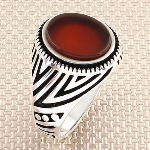 Oxidized Straight Round Red Agate Stone Men Silver Ring With Symmetrical Motif Made in Turkey Solid 925 Sterling Silver