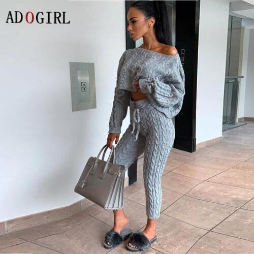 Adogirl 2020 Autumn Winter Knitted 2 Piece Set Women Leggings And Long Sleeve Top Matching Sets Outfits Female Clothes Plus Size