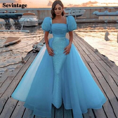 Sevintage Blue Short Puff Sleeves Prom Dresses Mermaid Sequined Organza Evening Dress Pleats Backless Women Party Gowns 2021