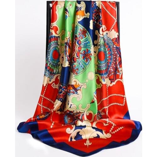 Print Silk Shawl Foulard Satin Hijab Square Scarf For Women Retro Hair Bands Neckerchief Female Head Wraps Headband Bandana 2021
