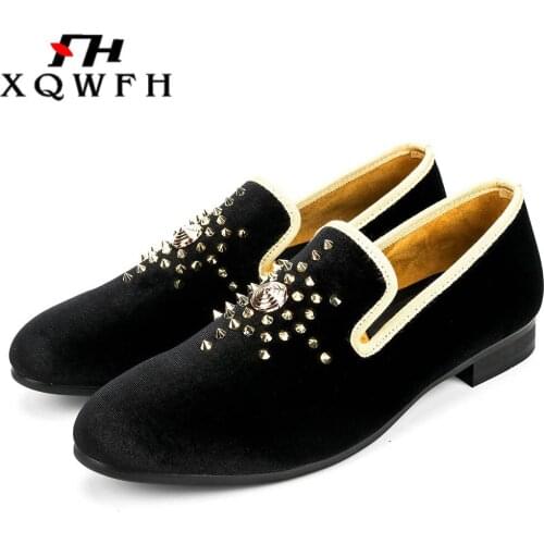 XQWFH Men Velvet Loafers Gold Top and Metal Toe Mens Dress Shoes Wedding Party Loafers Slip-on Shoes