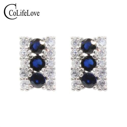 CoLife Jewelry 925 Silver Sapphire Stud Earrings for Office Woman 6pcs Natural Chinese Sapphire Sterling Silver Sapphire Jewelry