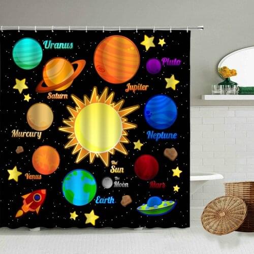 Cartoon Earth Planet Space Shower Curtain Universe Science Fiction Child Fun Bathroom Accessories Waterproof Polyester Screen