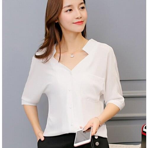 White T Shirt Women V-Neck mid sleeve Casual clothes T Shirt Women Shirts Korean T-shirt Female Summer Solid Color red Top