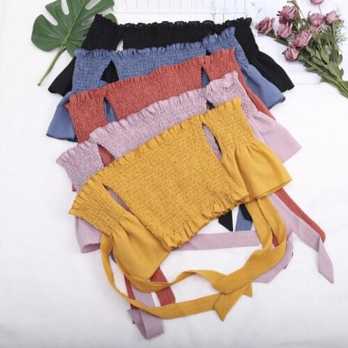 Women Summer Sexy Flare Sleeve Slash Neck Bandage Strap Basic Shirt Lady Short Elastic Slim Off Shoulder Strapless Blouse Tops