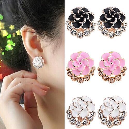 Fashion 1 Pair Women Ear Stud Peony Camellia Flower Rhinestones Alloy Ear Stud Earrings Party Jewelry Womans accesories