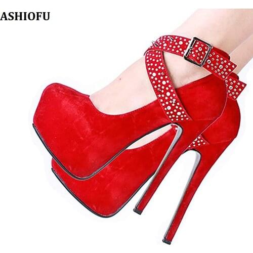 ASHIOFU Handmade X-buckle Straps Ladies High Heel Pumps Sexy Party Prom Dress Shoes Platform Evening Fashion Court Shoes