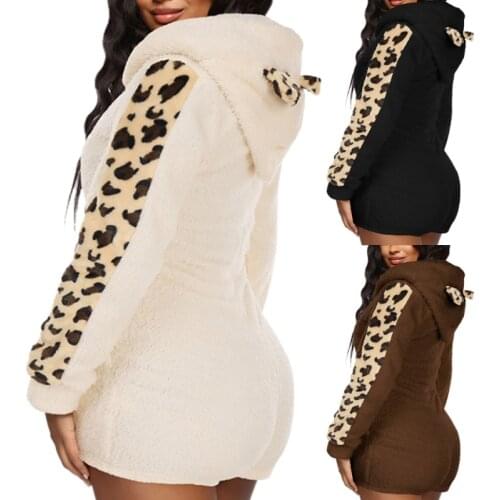 Womens Zip Up Hooded Romper, Warm Fuzzy Long Sleeve Leopard Color Block Jumpsuit Shorts Autumn Winter