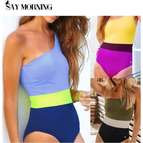SAY MORNING Swimsuit Solid Color Stitching Sexy One-Shoulder Womens Swimwear Bikini Set New 2021 Beachwear Bathing Suit Swim