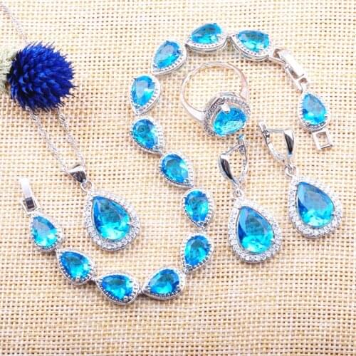 Womens Sky Blue Zirconia Wedding Jewelry Sets Necklace Pendant Earrings Rings Bracelet Set Russian style YZ0104