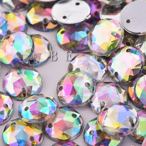 100pcs/lot 10mm Crystal AB Sew On Acrylic Round Flat Back Rhinestones Gems with 2 holes For Clothes Shoe Craft Accessary